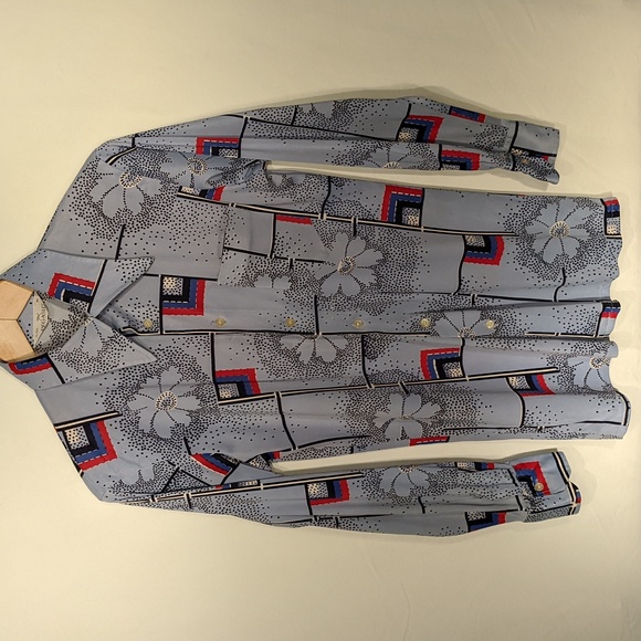 Vintage 70' blue floral and geometric patterned disco shirt by Pegasus - Picture 2 of 7